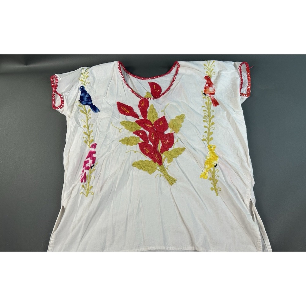 Hand Embroidered Mexican Bird Floral Tunic Blouse White Cotton Boho Folk Est Lg